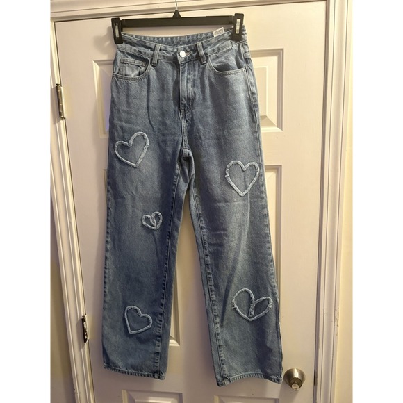 The Unbranded Brand Denim - Heart Patch Jeans Light Blue Wide Leg Distressed Bohemian 26"x32"